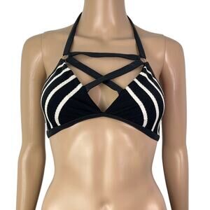 Robin Piccone Black White Stripe Harness Triangle Halter Bikini Top